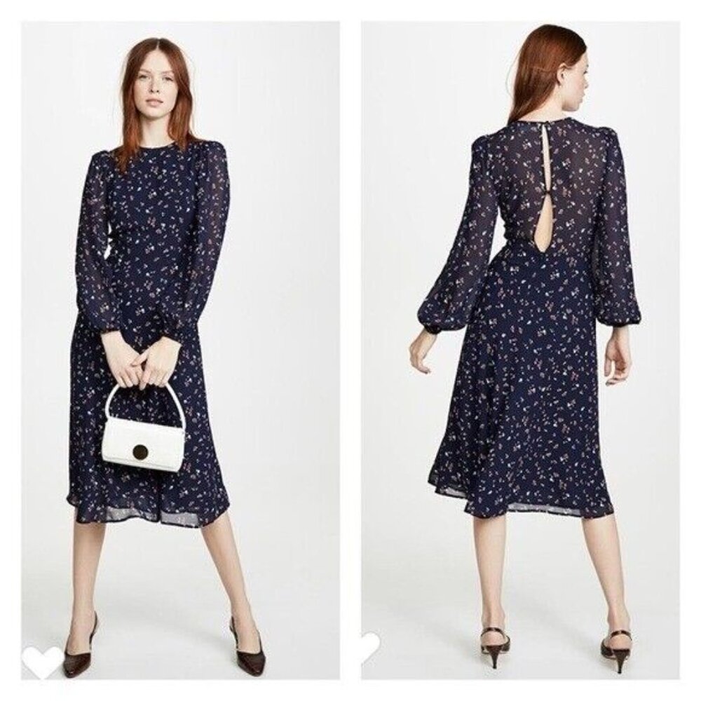 Reformation Luanne navy floral long sleeve midi dress size:14